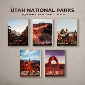 Utah National Park Poster, Set of 5 Prints, WPA Style, Vintage Poster, Zion, Canyonlands, Capitol Reef, Bryce Canyon, Arches, Retro Print