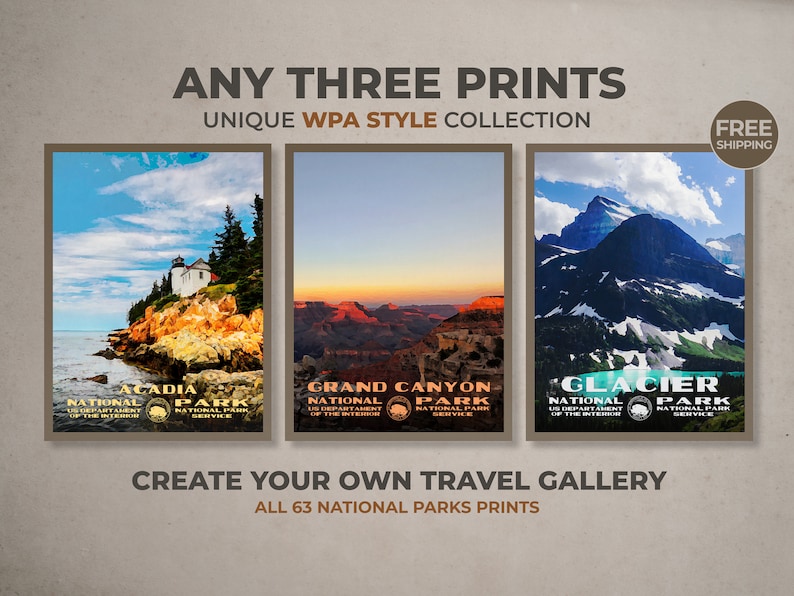 Any 3 Prints of Your Choice, WPA Style, National Park Poster, Money