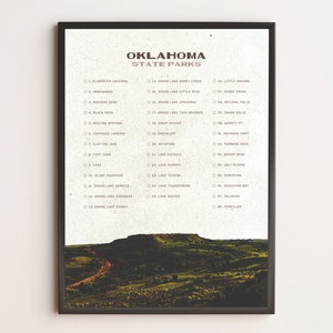 Lista de verificación del Parque Estatal de Oklahoma / Póster WPA / Póster de viaje vintage / Impresión de viaje retro / Regalo de viaje / Lista de deseos / Regalo de aventura