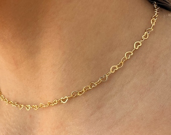 Heart Linked Chain Necklace, Gold Necklace, Layering Necklace Heart Linked, Necklace Gift, y2k necklace, Delicate Necklace, Gift for Girl
