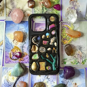 iPhone Case Handmade Decoden Tarot Astrology Witch Magic Psychic Mosaic Jewelry Trinket Stone Beige White Black Phone Cover