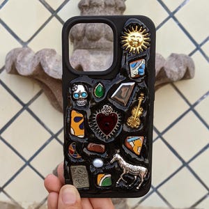 iPhone Phone Case Handmade Decoden Mexican Talavera Mosaic Vintage Jewelry Trinket Milagritos Stone Beige White Black Cover