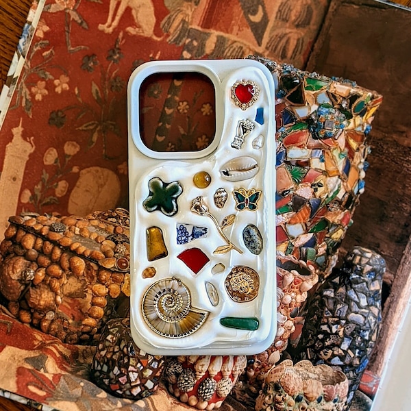 iPhone Case Handmade Decoden Colorful Aesthetic Unique Mosaic Vintage Jewelry Trinket Jewel Antique Stone Beige White Black Phone Cover