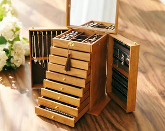 10-Layer High-capacity solid wood Jewelry Box with Fully Locking for storage Necklace Earring Ring Bracelet etc jewellery