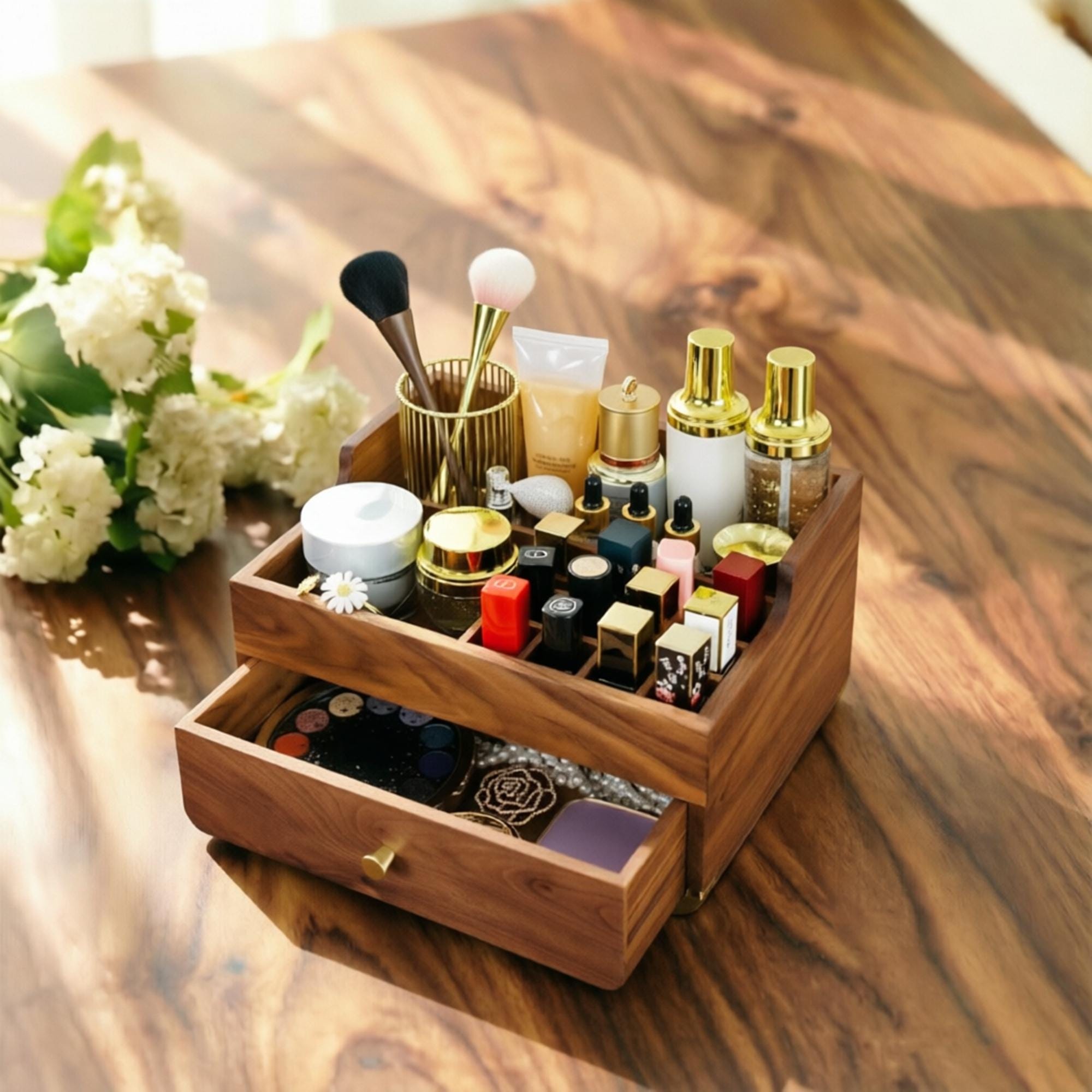 1/2/3 Layer Walnut Makeup Organizer, Cosmetic Storage Box