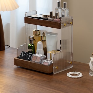 Modern Acrylic & Wooden Makeup Organizers,2 layer Cosmetic toiletry storage,Makeup Beauty storage rack ,Personalized Gift for wife