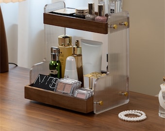 Modern Acrylic & Wooden Makeup Organizers,2 layer Cosmetic toiletry storage,Makeup Beauty storage rack ,Personalized Gift for wife