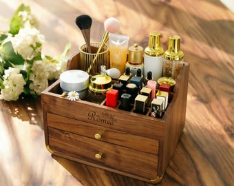 1/2/3 Layer Walnut Makeup Organizer, Cosmetic Storage Box