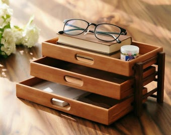 3 layer Cherry+Walnut desktop storage Box: Open-Design Office Filing cabinet