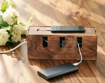 Walnut Desk Wire Organizer Box: Personalized Power Cord Storage