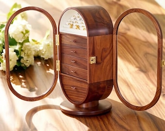 Black Walnut Jewelry Box with Mirror, Rotating Double-sided Organizer