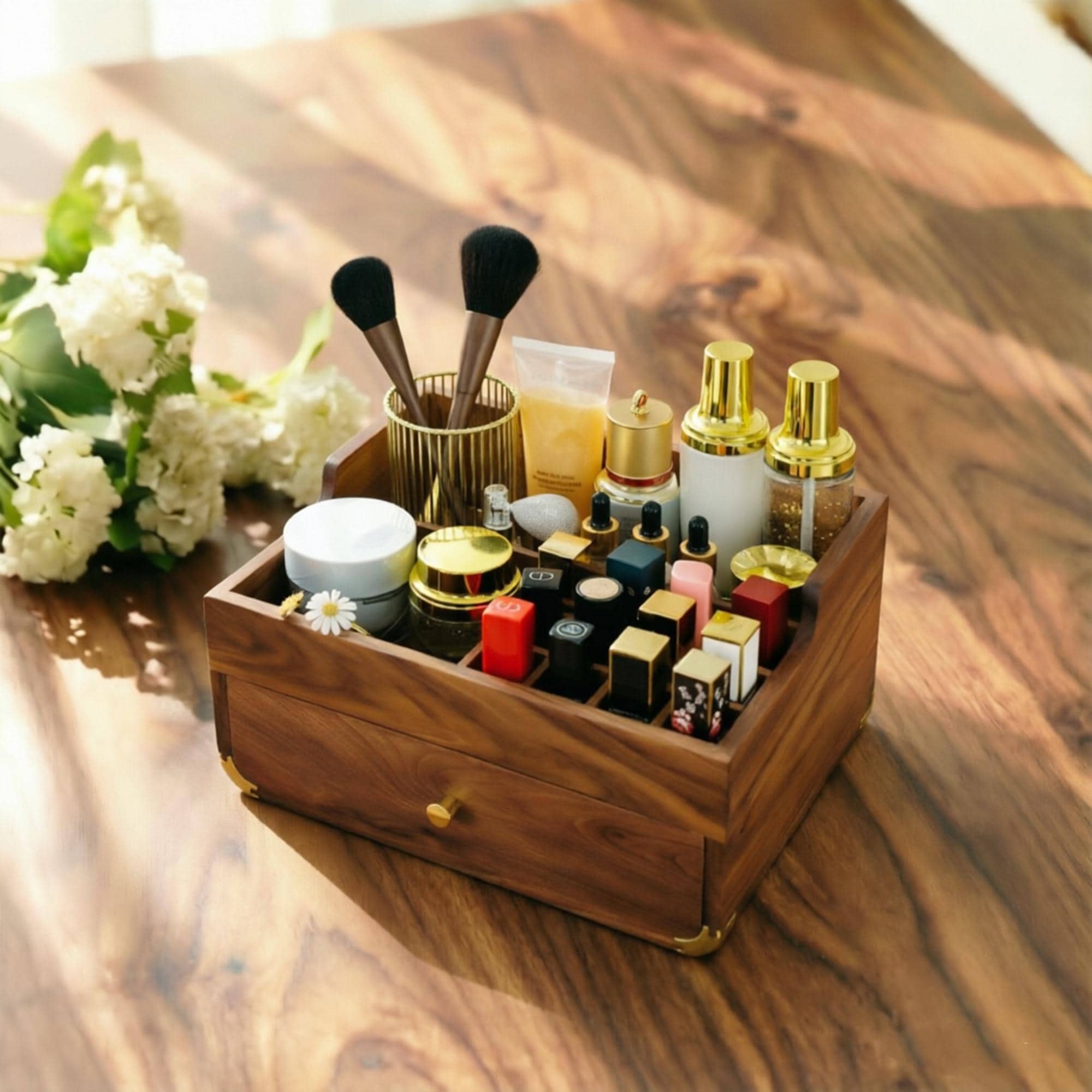 1/2/3 Layer Walnut Makeup Organizer, Cosmetic Storage Box