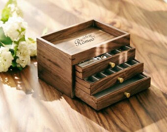 Engrave Luxury Walnut Jewelry Box:Vanity Tray Ring Necklace Earring Holder