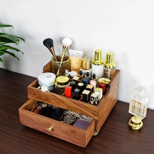 Engrave solid Walnut Makeup Organizers,Cosmetic&toiletry Storage,Lipstick Storage Rack,Makeup Beauty Box,Anniversary Gift for Wife her