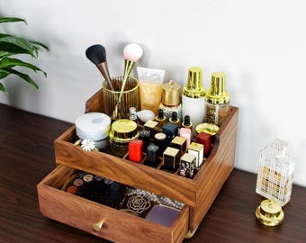 Engrave solid Walnut Makeup Organizers,Cosmetic&toiletry Storage,Lipstick Storage Rack,Makeup Beauty Box,Anniversary Gift for Wife her
