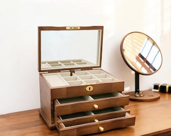 Engraved Wooden Jewelry Box, Multi-Layer Organizer with Lock