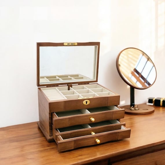Engraved Wooden Jewelry Box, Multi-Layer Organizer with Lock