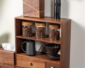 Black Walnut Coffee Station: 3-Layer Desktop Organizer with Drawers