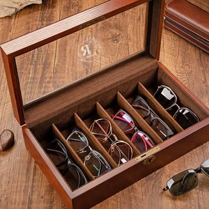 Gepersonaliseerde gegraveerde zonnebrildoos met 6 sleuven voor mannen, houten lenzenvloeistof display-organizer, horlogedoos, aangepaste verjaardagscadeau voor vader zoon hem