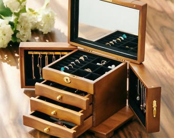 Engraved Wooden Jewelry Box with Lock: Multi-Layer Necklace & Earring Organizer