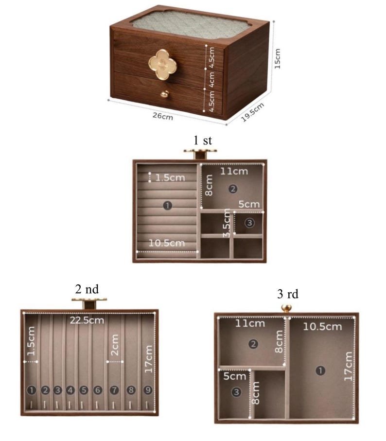 May include: A wooden jewelry box with a clear glass top and a gold-colored clover-shaped handle. The box is 10.2 inches long, 7.7 inches wide, and 5.9 inches tall. The interior has multiple compartments and drawers for organizing jewelry.