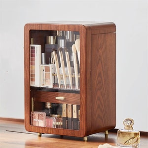 Engrave Large Capacity Wood Cosmetic Organizer,Wood Makeup Cabinet for Beauty Tools,Women Cosmetic Storage case,5th Anniversary gift wife