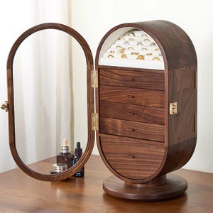Black walnut Multifunctional Jewelry Box with Mirror,Rotating 2-sided jewelry cabinet,Jewellery Organizer Storage,5th Anniversary gift wife