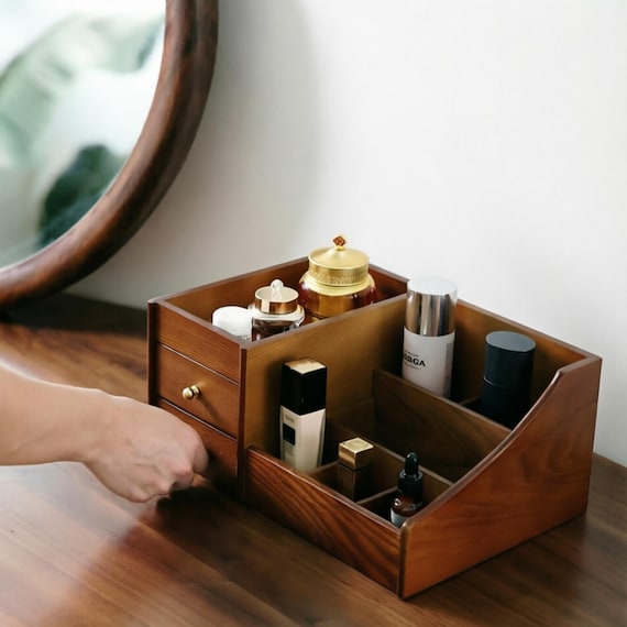 Vintage Wooden Makeup Organizer: Personalized Cosmetic Storage Box