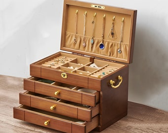 Engrave Large Jewelry Box,3/4/5-Tier Wooden Jewelry Box With Lock Drawer,Necklace Earring,Watch Organizer,Vintage Jewelry Box For Women