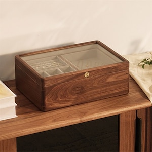 Schmuckschatulle aus Nussbaumholz, Glasdeckel, Schmuckschatulle mit 2 Schichten, Aufbewahrungsbox Geschenke für Mama, individuelles Geschenk für Paare
