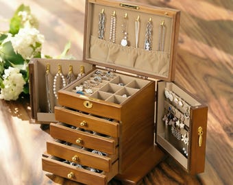 Large Wooden Jewelry Box,Personalized  Jewelry Organizer Gift for necklace Ring storage