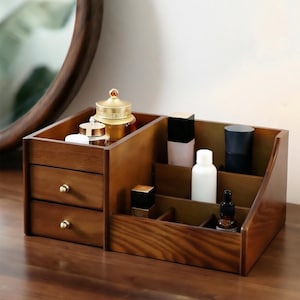 Organizador de maquillaje de madera vintage: caja de almacenamiento de cosméticos personalizada