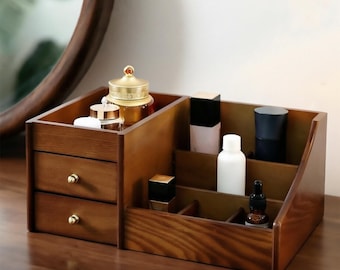 Vintage Wooden Makeup Organizer: Personalized Cosmetic Storage Box