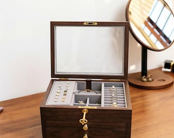 Glass Lid wooden Jewelry Box: Multi-Layer Wooden Organizer