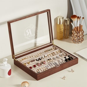 Aangepaste naam zwarte walnoot ketting oorbellen doos, graveren grote glazen deksel sieraden opbergdoos, oorbellen ketting opbergdoos cadeau voor vrouw moeder