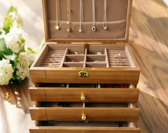 Engraved Wooden Jewelry Box with Lock: Vintage Style Organizer