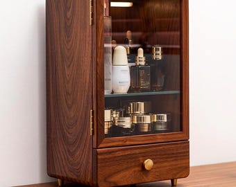 Large Walnut storage cabinet with glass lid - Cosmetic Skin/care storage box