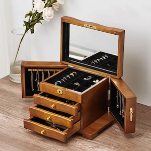 Gravur 4/5-Schicht-Schmuckschatulle aus Holz mit Schloss Schublade, Benutzerdefinierte große Schmuckschatulle, Halskette Ohrring Organizer, Vintage Schmuckschatulle Geschenk für sie
