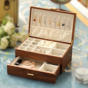 Massiv Nussbaum Schmuckschatulle Aufbewahrungsbox aus Holz Aufbewahrungsbox mit Schublade Ohrring Armband Halskette Ringe Uhr Organizer Box Geburtstag Jahrestag Geschenk Frau
