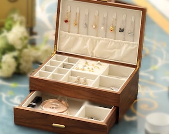 Vintage Walnut Wood Jewelry Box,Engrave Solid Wood Storage Box,Custom Earring Bracelet Necklace Organizer Box Birthday gift wife