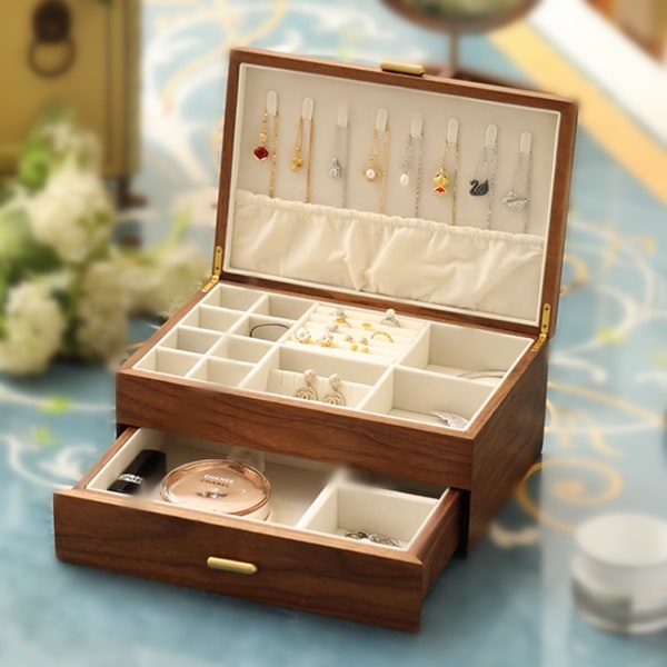 Vintage Walnut Wood Jewelry Box,Engrave Solid Wood Storage Box,Custom Earring Bracelet Necklace Organizer Box Birthday gift wife
