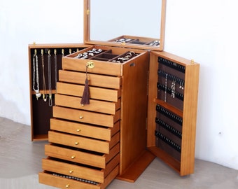 Houten sieradendoos met hoge capaciteit, 10 lagen, afsluitbare sieradenorganizer, sieradenkast, verjaardag, huwelijksverjaardag cadeau voor vrouw