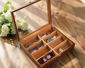 Wooden Sunglasses Organizer, watch/Tie Display Case with glass lid