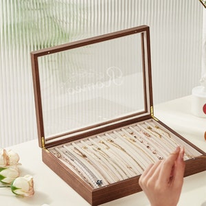 grote zwarte walnoot ketting opbergdoos, custom graveer naam glazen deksel sieradendoos, oorbel organizer doos cadeau voor vrouw cadeau voor moeder