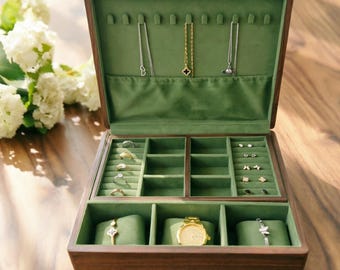 Engrave name Walnut Jewelry Box,Portable Jewellry case for Travel,Necklace Earring Organizer Storage