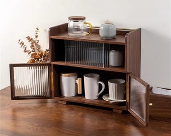 Walnut Coffee Cup Cabinet: Glass Door Tableware Organizer