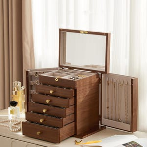 Op maat graveren grote houten sieradendoos met slotlade, 4/5/6-laags sieradendoos, sieradenopberger met grote capaciteit, gepersonaliseerd high-end cadeau