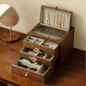 4 Layer Large Wooden Jewelry Box with Mirror,High-capacity jewelry storage box,Necklace Ring Jewelry Organizer,Anniversary gift for wife mom