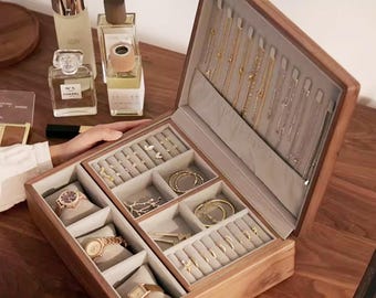 Engrave 2 Layer Walnut Jewelry Box,Portable Jewelry Box for Travel,Necklace Earring Organizer Storage,Personalized gift for her