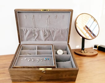 Engrave name Walnut Jewelry Box with lock,Necklace Earring Organizer Storage